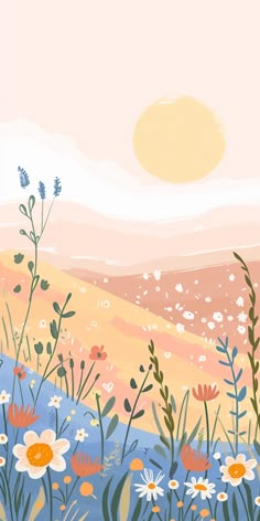 a painting of flowers and grass with the sun in the background