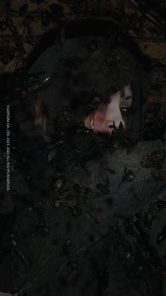 an image of a woman in the dark with lots of black stuff on her face