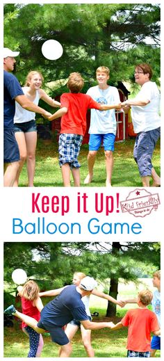 two pictures of people playing with a frisbee and the words keep it up balloon game