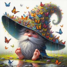 a painting of a gnome wearing a hat with butterflies on it and water in the foreground