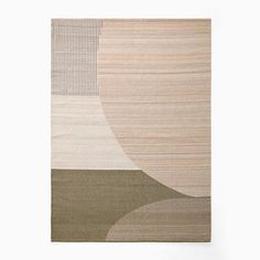 an abstract rug with beige, green and brown colors on the bottom half of it