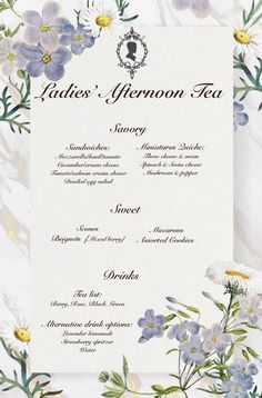 the menu is decorated with flowers and leaves