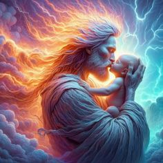 a painting of a man holding a baby in his arms with lightning coming from the sky behind him