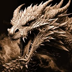 a black and white drawing of a dragon with its mouth open in the air, on a dark background