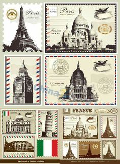 postage stamps with famous places and symbols in different colors, including the eiffel tower