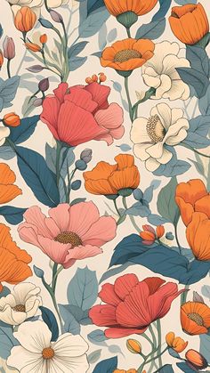 an orange and white flower pattern is shown on a wallpaper with blue, red, yellow and white flowers