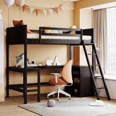 a bunk bed with desk and chair in a room next to a wall mounted clock