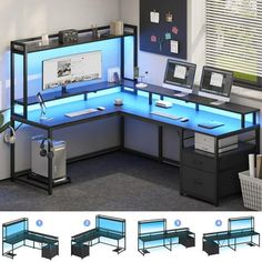 an office cubicle with blue lighting and computer screens on the desk, along with several different workstations