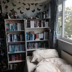 a bedroom with bookshelves full of books and stuffed animals on the wall next to it