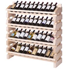 a wooden wine rack filled with lots of bottles