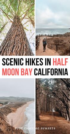 the scenic hikes in half moon bay, california with text overlaying it