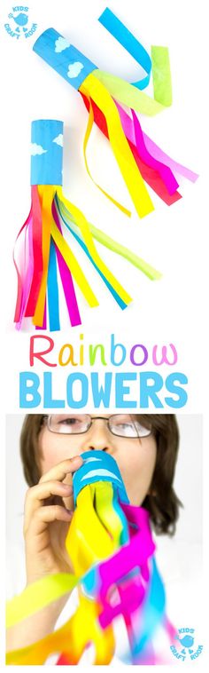 CARDBOARD TUBE RAINBOW BLOWERS are a colourful and fun kids craft! Kids love blowing this rainbow craft to see the streamers swoosh. A super TP roll St Patrick's Day craft or for a weather topic too. Toilet Paper Roll Crafts, Rainbow Crafts, St Patrick's Day Crafts, Paper Roll Crafts, Camping Crafts, Rainbow Kids, Childrens Crafts, Fun Crafts For Kids