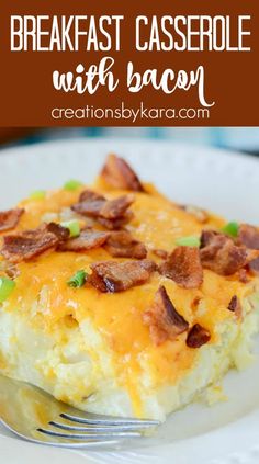 breakfast casserole with bacon on a white plate