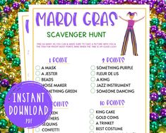 the mardi gras scavenger hunt is shown in purple, green and gold