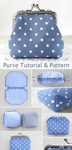 the instructions for how to sew a purse with polka dot fabric and silver hardware