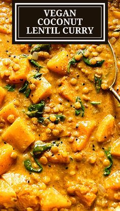 vegan coconut lentil curry in a bowl with a spoon