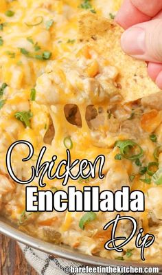 a hand holding a tortilla chip with chicken enchilada dip