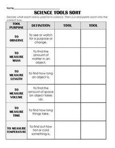 the science tools sort worksheet is shown in black and white, with an image of