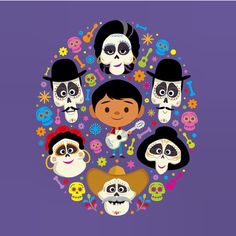 the mexican day of the dead characters are arranged in a circle on a purple background