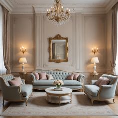 a living room with couches, chairs and a chandelier