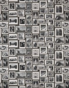 black and white photo collage with many different pictures on the wall in front of it