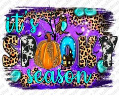 it's halloween season with leopard print and pumpkins on the front, purple background