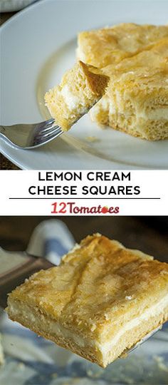 there are two pictures of lemon cream cheese squares on the same plate, and one has a fork in it