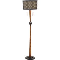 a wooden floor lamp with a black shade on the top and an iron rod base