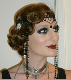 1920's hair and make-up Love the hair. Eyes are a bit more than I want but overall, beautiful! Roaring 20s Hairstyles For Long Hair, 20s Hairstyles For Long Hair, Roaring 20s Makeup, 20s Hairstyles, Roaring 20s Hairstyles, 20s Makeup, 1920s Makeup