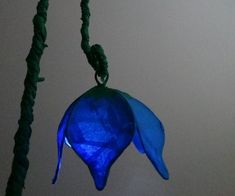 a blue flower hanging from a green string