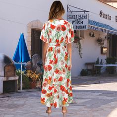 Casual V Neck Tie Waist Floral Maxi Dress V-neck Maxi Dress For Spring Holiday, Spring Holiday Printed Maxi Dress, Printed Maxi Dress For Spring Holiday, Spring Short Sleeve Belted Maxi Dress, Casual Flowy Belted Maxi Dress, Belted Short Sleeve Maxi Dress For Spring, Vacation Short Sleeve Belted Maxi Dress, Short Sleeve Belted Maxi Dress For Vacation, Vacation Belted Short Sleeve Maxi Dress