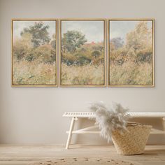 two paintings hang on the wall above a bench