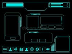 a set of electronic devices with buttons and symbols in neon blue on a black background royalty illustration