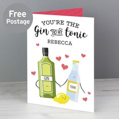 a greeting card with gin and tonic bottles