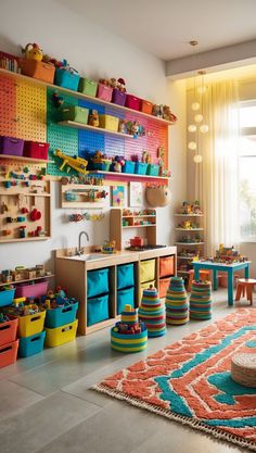 a child's playroom with toys and storage