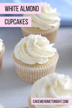 cupcakes with white frosting on top and the words, how to make white almond cupcakes