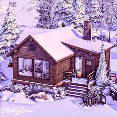 a painting of a cabin in the snow