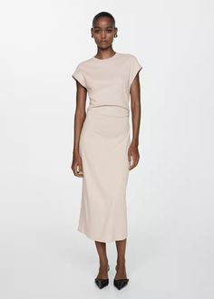 100% cotton draped dress - Women | Mango USA Affordable Chic Beige Shirt Dress, Luxury Cotton Midi Dress For Fall, Cream Wrap Dress Classy, Midi Neutral Dresses, Affordable Beige Midi Dress For Daywear, Cheap Neutral Dresses For Day Out, Luxe Midi Dress, Luxury V-neck Dress For Daywear In Spring, Cheap Stretch Midi Dress For Brunch