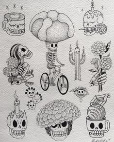 a drawing of skulls, flowers and other items on paper with the words day of the dead written in black ink