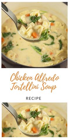 chicken alfredo tortellini soup in a pot with a spoon