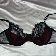 Very New, Great Condition Never Worn!!! Black Lace With Half Red Silk In The Middle 34/36 A - B Cute Bra And Under Set Red, Black Lacy Bra, Red Lace Bra And Under Set, Black Low-cut Lace Bra, Red Lace Bralette, Red Lace Bra, Red Bra, Mesh Bra, Lace Bra