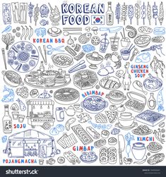 the korean food map in blue and white with hand drawn doodles - stock photo