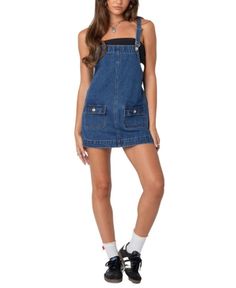 Edikted Overall Denim Mini Dress Trendy Mini Dress With Pockets, Trendy Blue Mini Dress With Pockets, Trendy Denim Mini Dress With Pockets, Trendy Summer Streetwear Dresses, Casual Fitted Dresses For Streetwear, Casual Mini Dress For Streetwear, Casual Summer Streetwear Dress, Denim Overall Dress, Denim Mini Dress