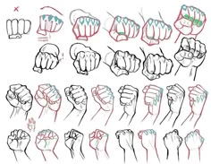 various hand gestures drawn in red, blue and green pencil on white paper with the words'how to draw fists '