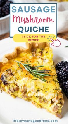 sausage mushroom quiche on a white plate with berries