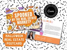 an orange and black postcard with the words spooked by the real estate market?