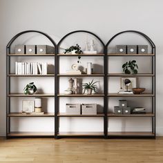 an empty room with three bookshelves on the wall and various plants in vases