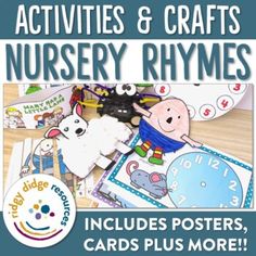 an activity book with pictures and words to help kids learn nursery rhymess, including posters, cards plus more