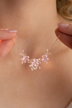 Nereze | Sparkling Model Pink Stone 3 - Piece Flower Necklace - TryAladdin Pink Wedding Necklace, Cherry Blossom Jewelry, Pink Flower Necklace, Cherry Blossom Necklace, Veneer Stone, Pink Chain, Jewellery Design Sketches, Pink Petals, Pink Necklace