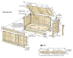 wood storage bench plans with measurements for the top and bottom drawers on each side, along with instructions to build it